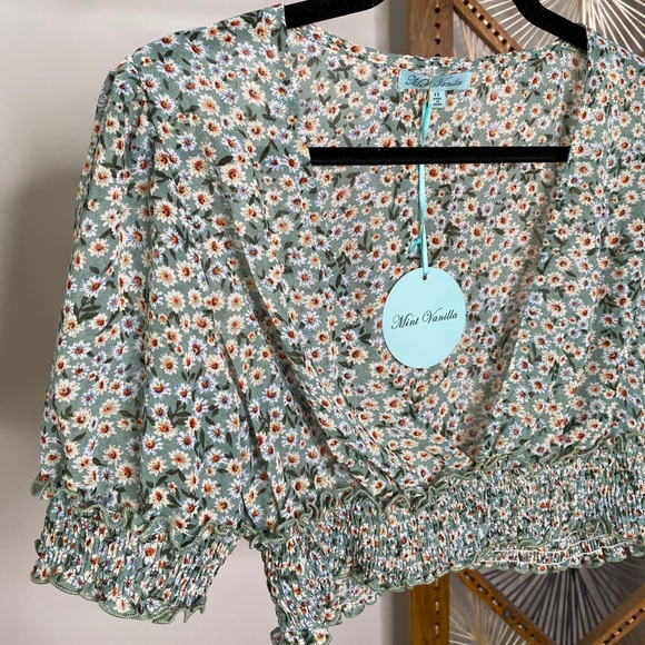 Baby Blue Floral V-Neck Crop Top - Picture 1 of 6